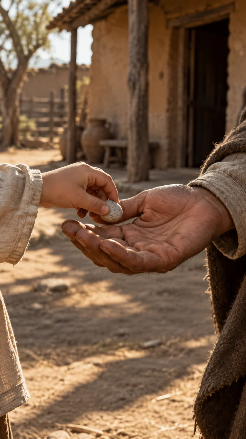Una mano entrega una pequeña piedra antes de la partida
