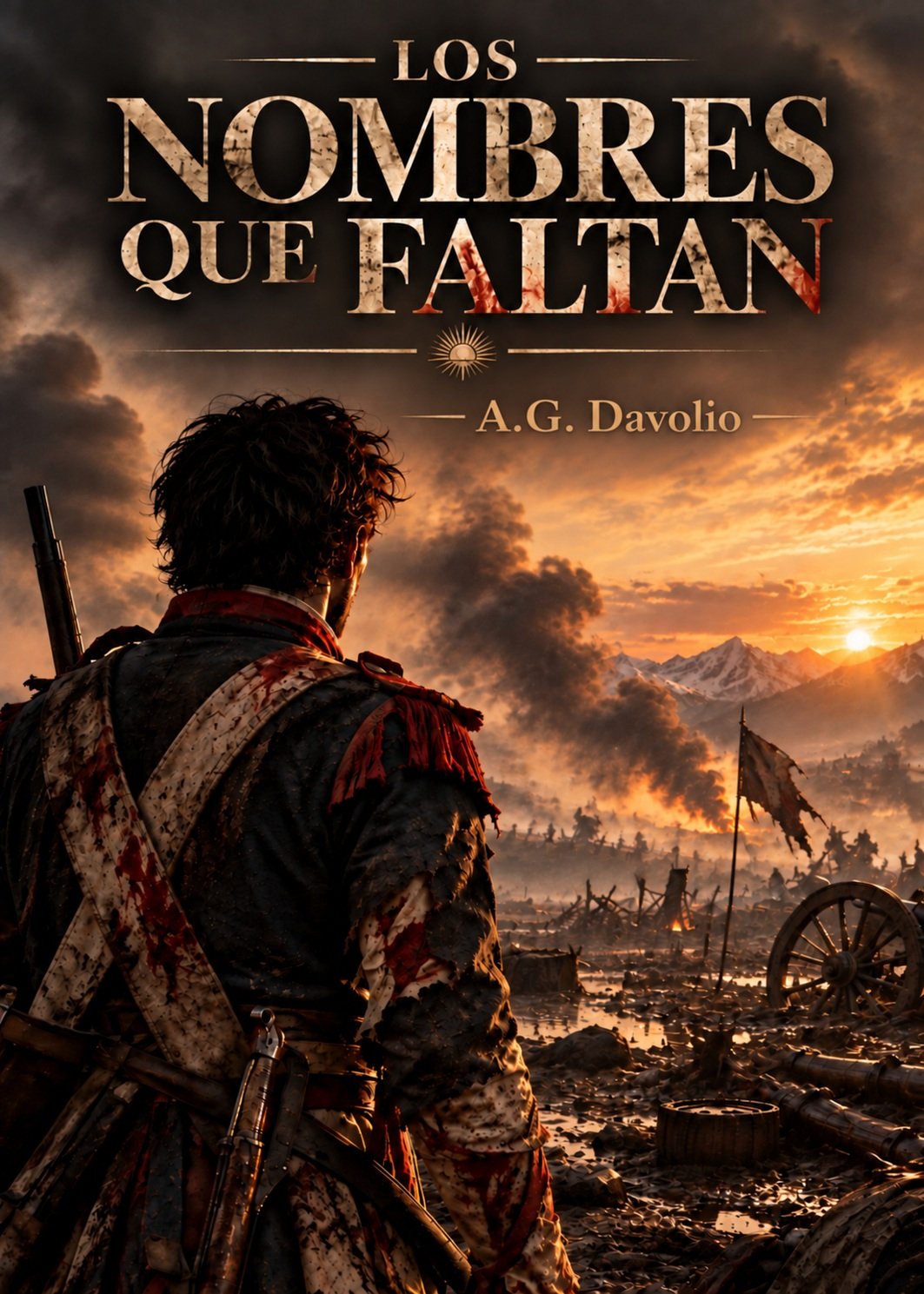 Tapa de Los nombres que faltan, de A.G. Davolio: un soldado de espaldas ante un campo de batalla y los Andes